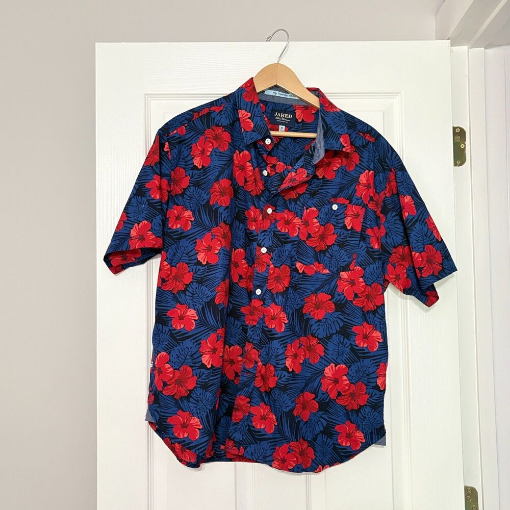 Jared Bros Clothiers My Favorite Shirt Men XL Blue Red Floral Hawaiian Cotton